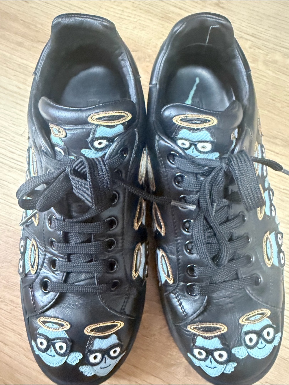 Dolce & Gabbana Portofino Angel Patch Leather Sneakers Black